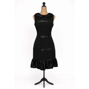 Karl Lagerfel Black Faux Leather Trim Dress‎ Peter Pan Collar Ruffle Hem Edgy